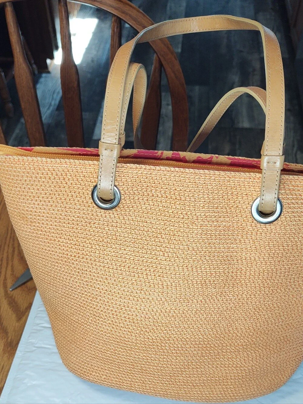 Talbots Woven Straw Tote Bag in a light Coral color. EUC. perfect for fall.
